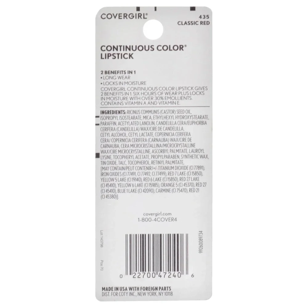 (2 Pack) CoverGirl Continuous Color Lipstick 580 Classic Red Cream Lip Color NEW